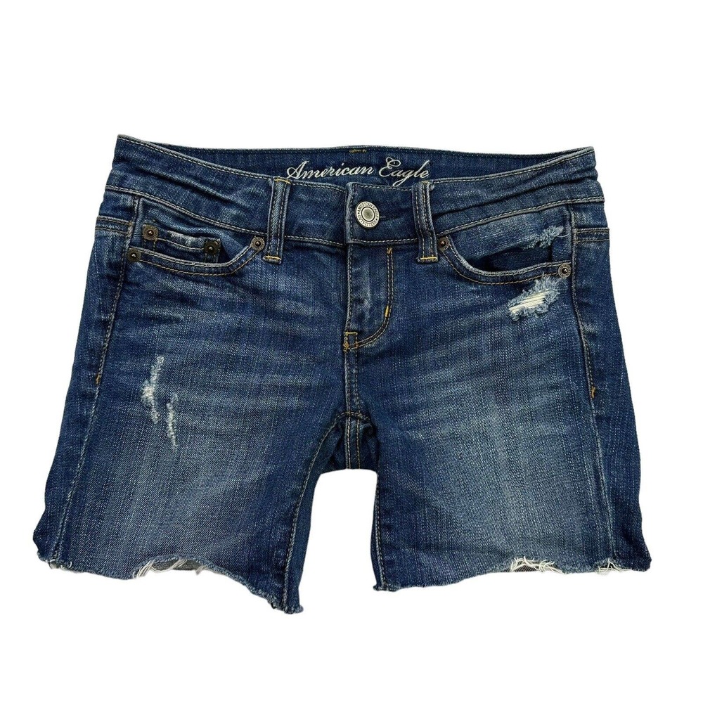 American Eagle Jean Shorts Womens 00 Blue Denim Cut Off Stretch Distressed